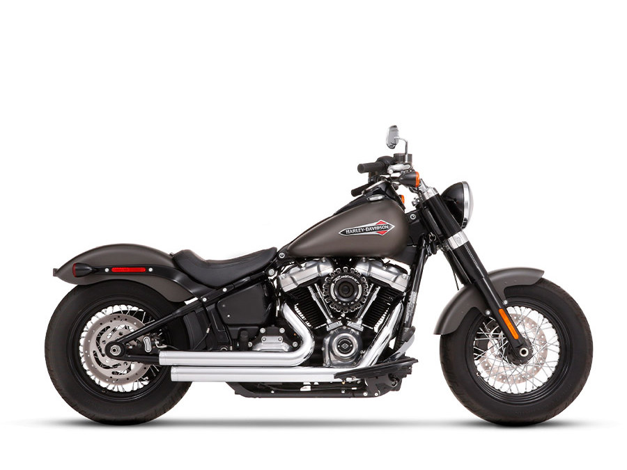 2-into-2 Staggered Exhaust – Chrome with Chrome End Caps. Fits Softail 2018up.