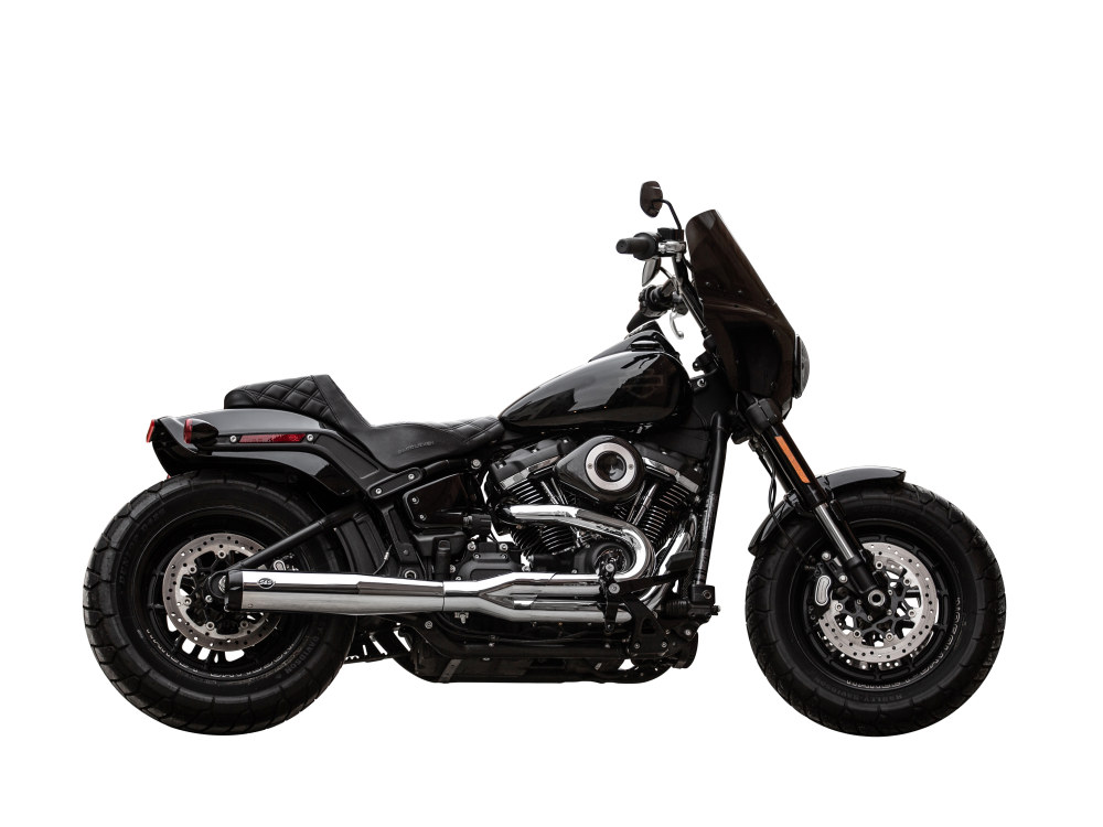 S&S 2-into-1 SuperStreet Exhaust – Chrome with Black End Cap. Fits Softail 2018up Non-240 Rear Tyre Models.